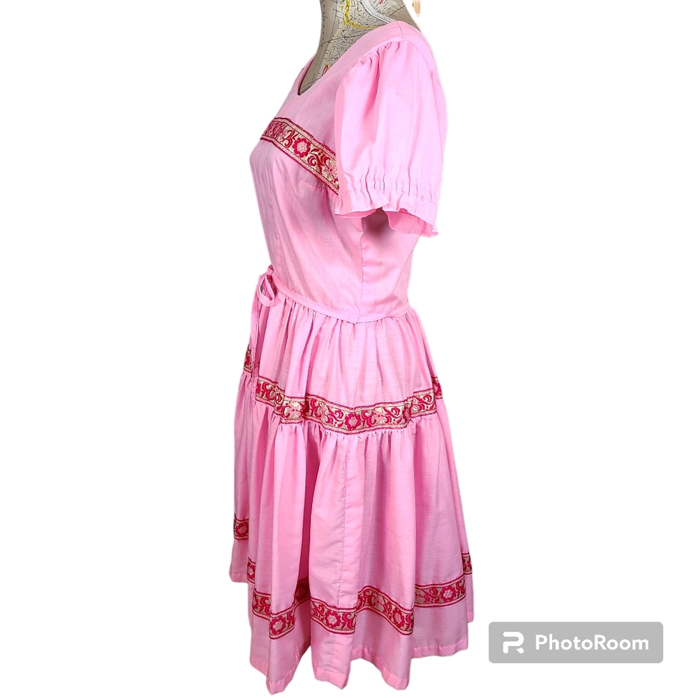 VINTAGE 70's Handmade Size 6 Pink Puff Sleeve Ruffle A-Line Dress Cottagecore - Picture 3 of 7